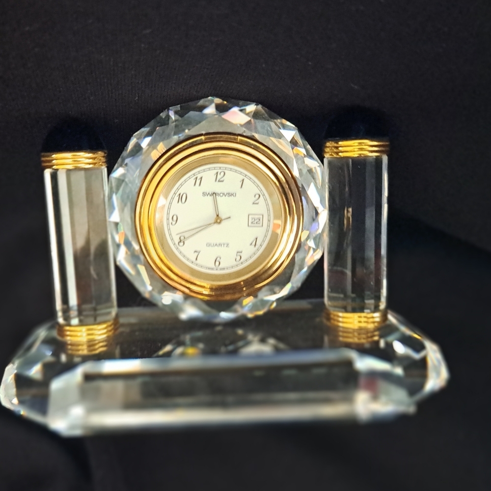 RARE Swarovski Crystal Belle Epoque Desk Clock 1987 Gold Finish Date Face Great!